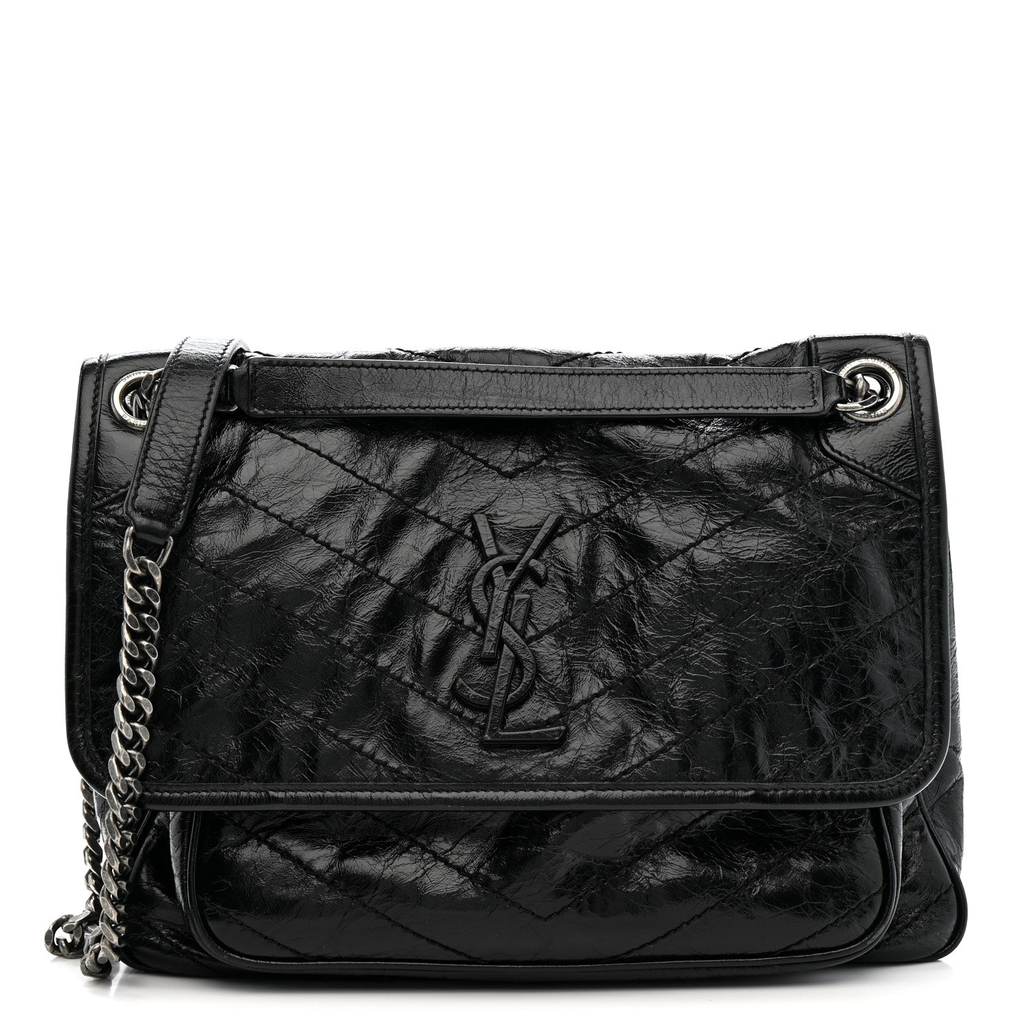 Saint Laurent Crinkled Calfskin Matelasse Monogram Medium Niki Chain Satchel Black 1 of 12