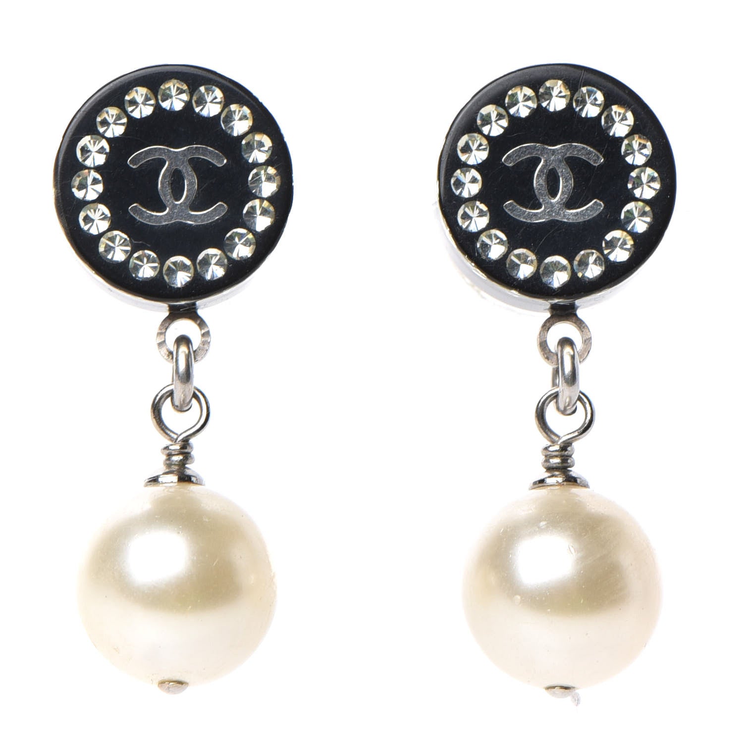 Chanel Resin Strass Pearl CC Drop Earrings Black Silver 1 of 4