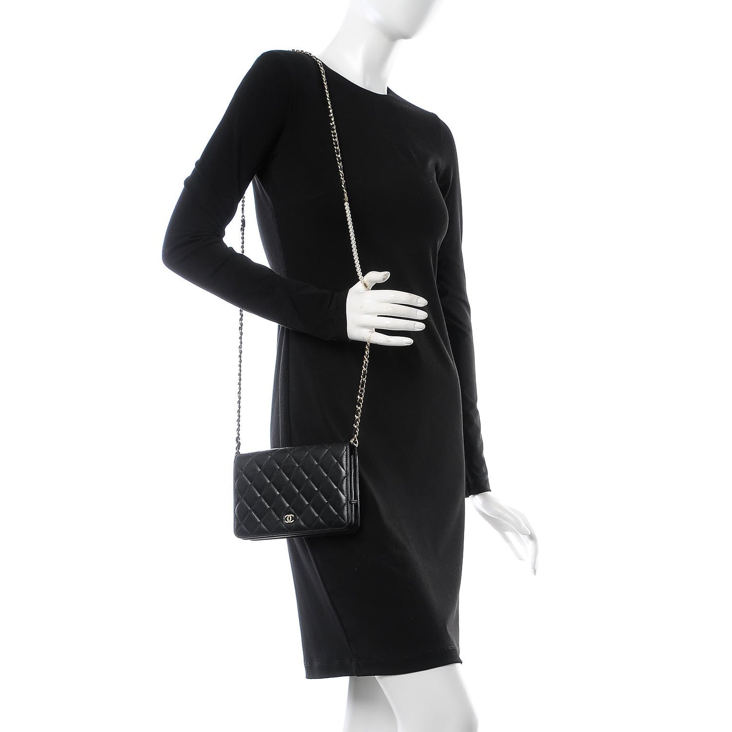 Lambskin Quilted Pearl Wallet On Chain WOC Black