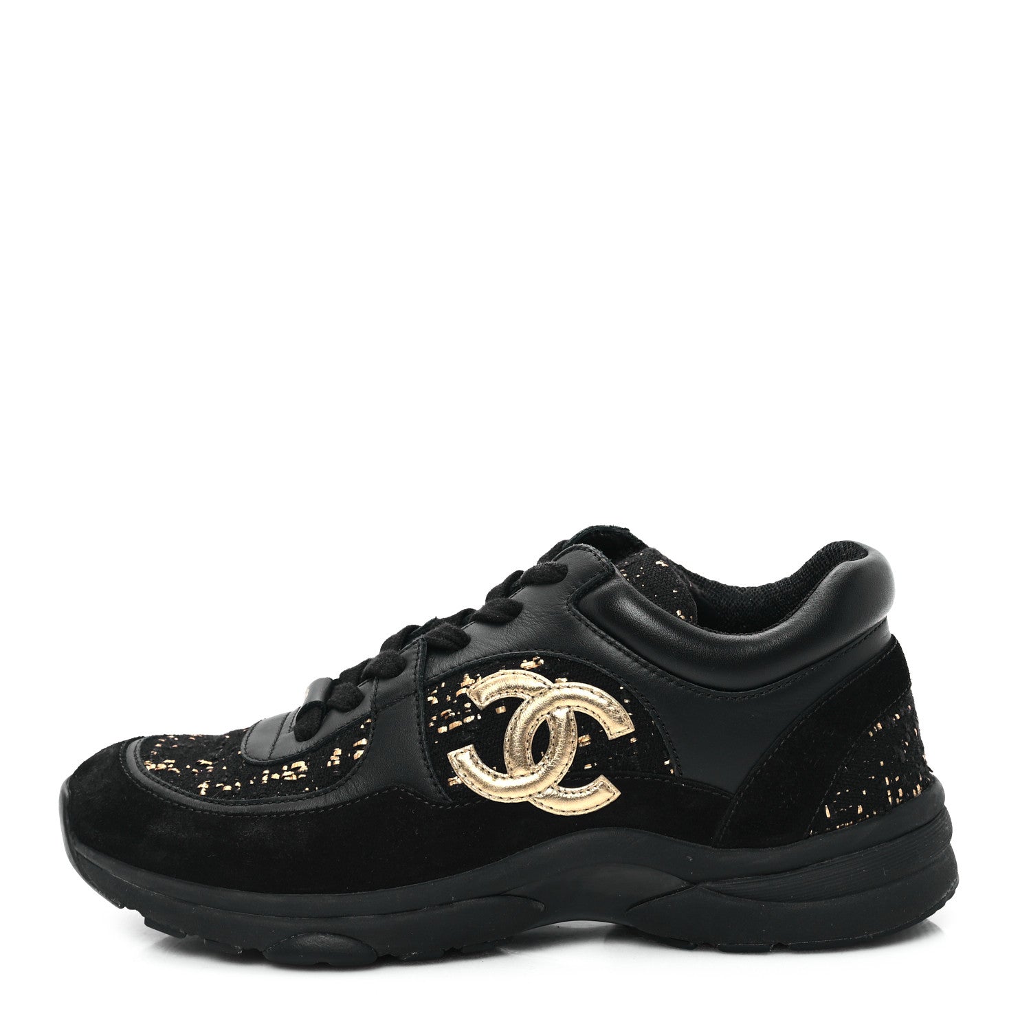Chanel Suede Tweed CC Sneakers 38 Black Gold 1 of 10