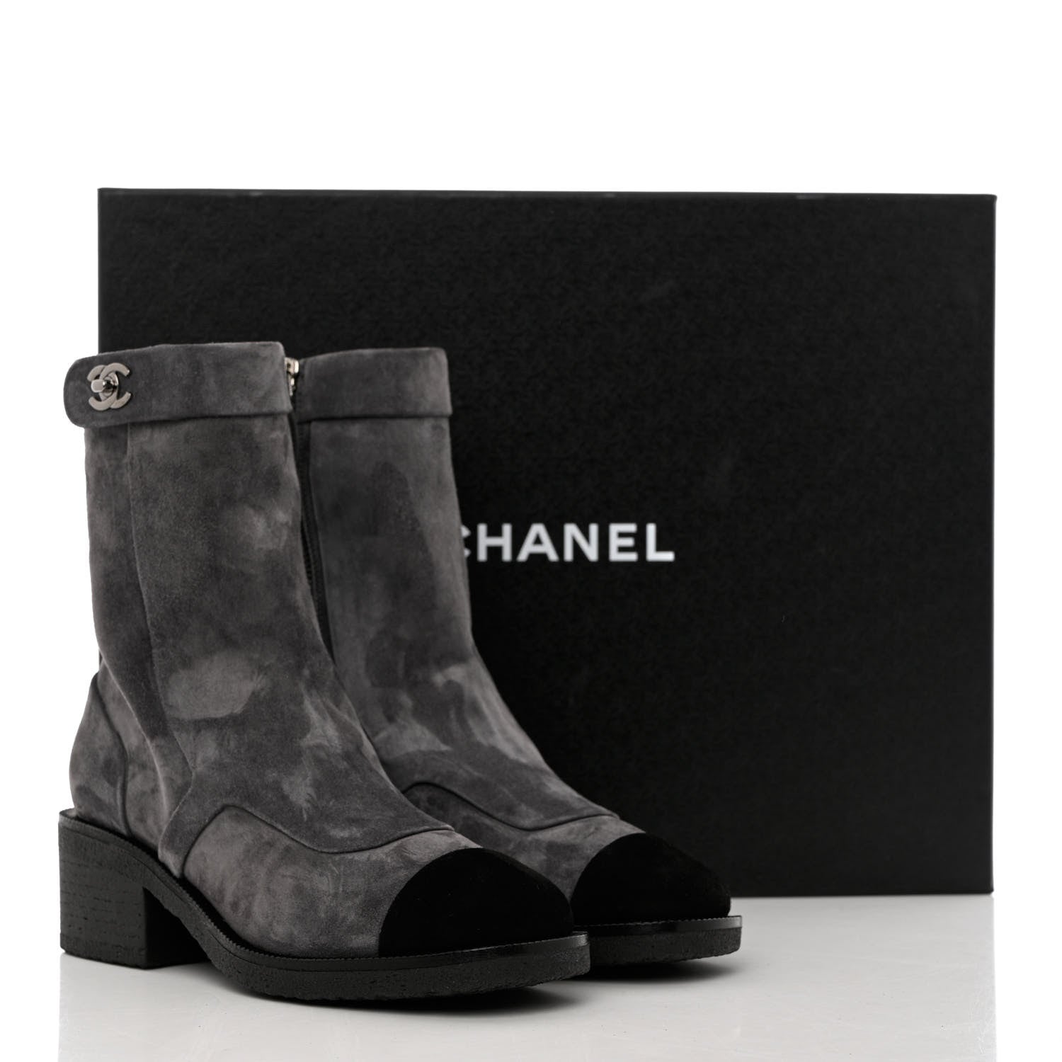 Chanel Suede Calfskin Cap Toe Short Boots 35 Dark Grey Black 10 of 10
