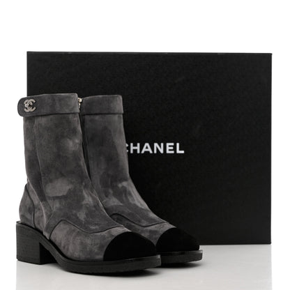Chanel Suede Calfskin Cap Toe Short Boots 35 Dark Grey Black 10 of 10