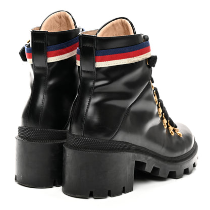 Gucci Calfskin Sylvie Web Womens Lace Up Combat Boots 37.5 Black 4 of 8