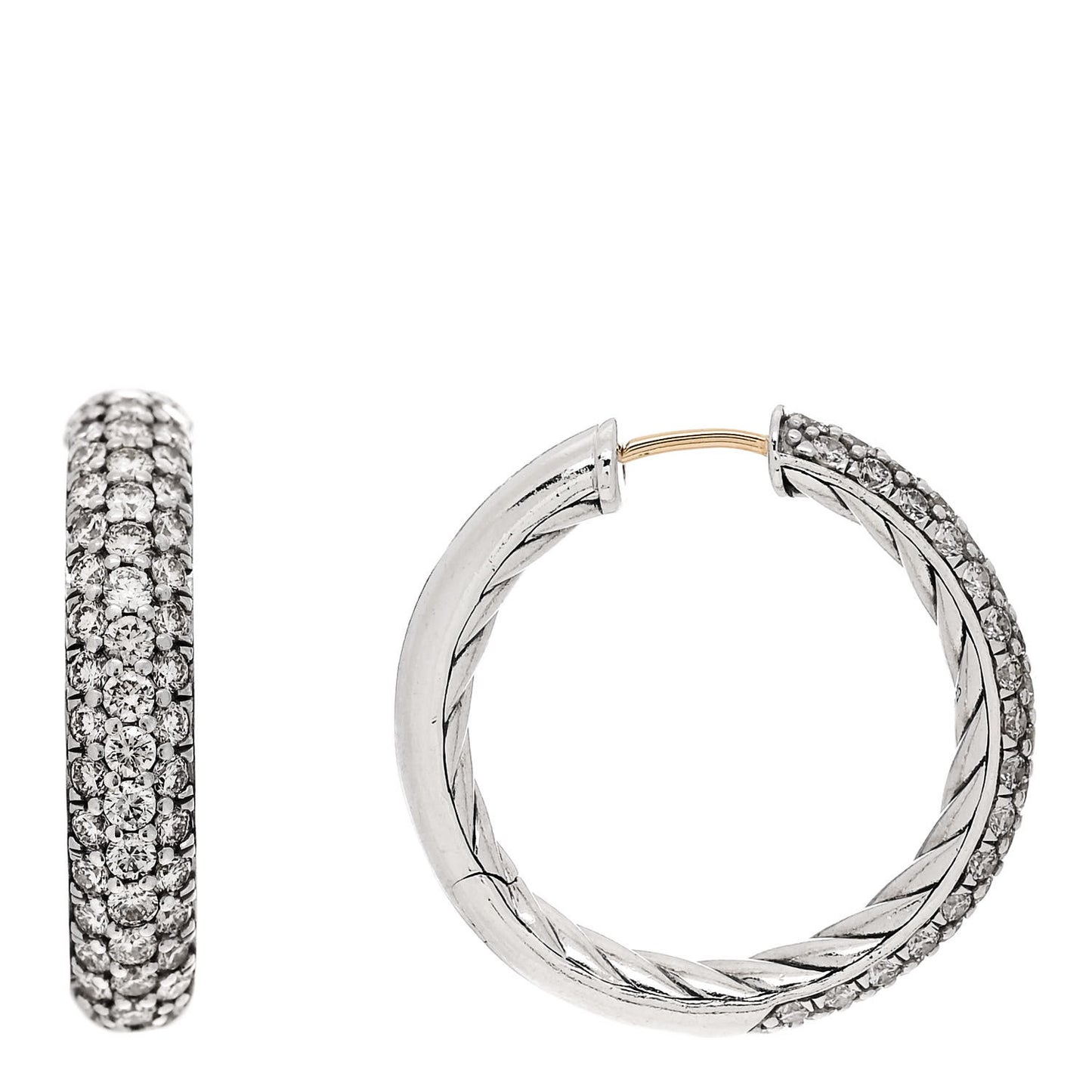 Sterling Silver Diamond 25mm Sculpted Cable Pave Hoop Earrings