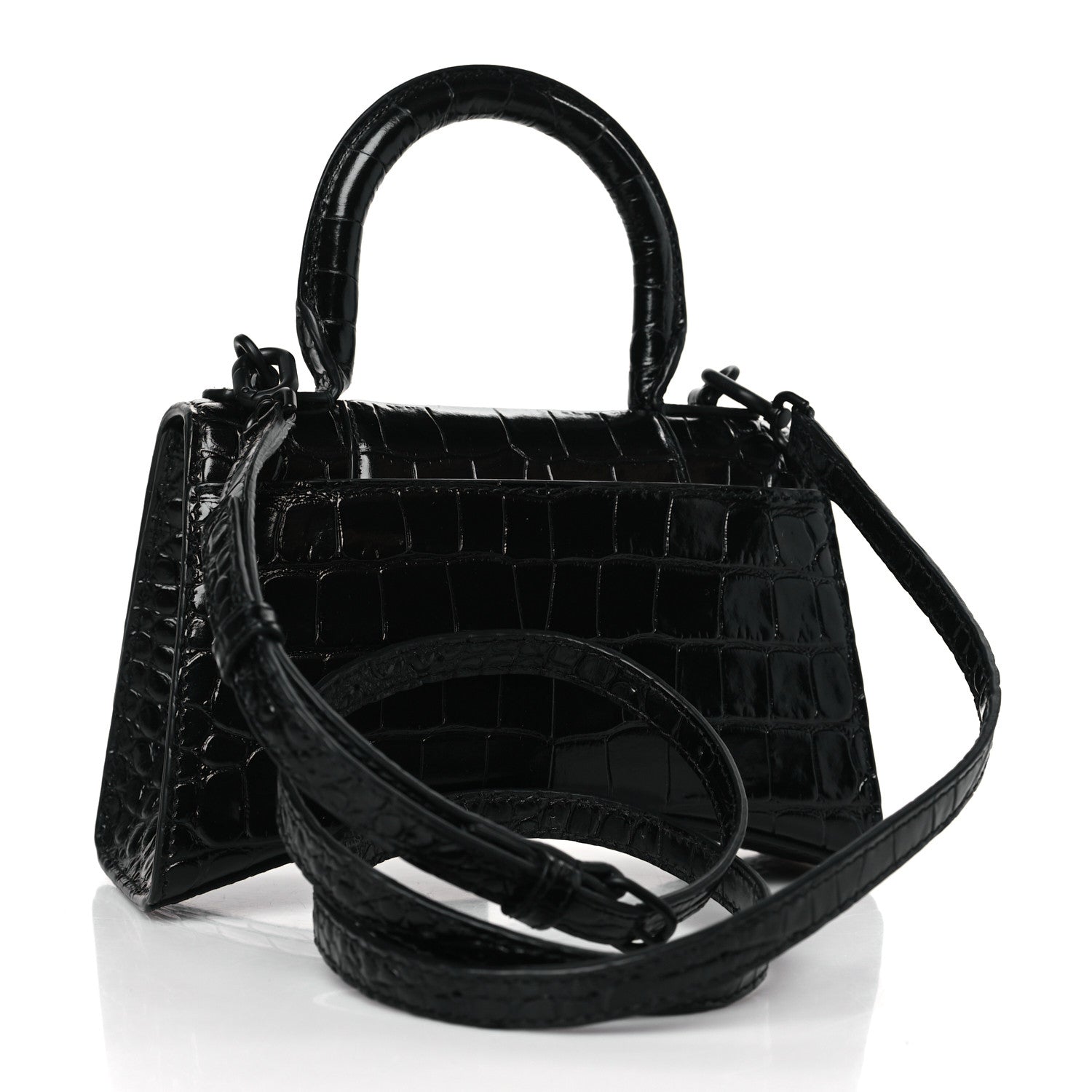 Balenciaga Shiny Calfskin Monochrome Crocodile Embossed Hourglass Top Handle Bag XS Black 3 of 8