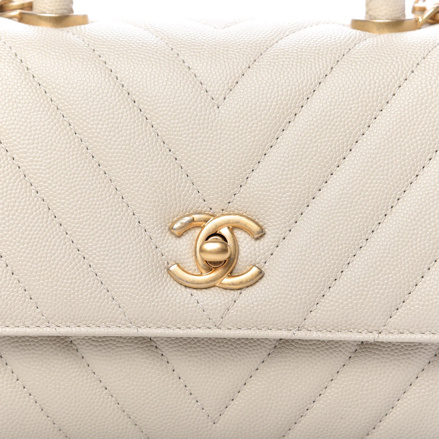 Caviar Chevron Quilted Mini Coco Handle Flap Ivory