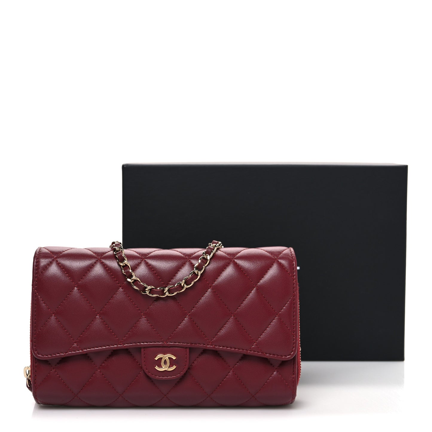 Lambskin Quilted Phone Holder Wallet on Removable Chain Burgundy
