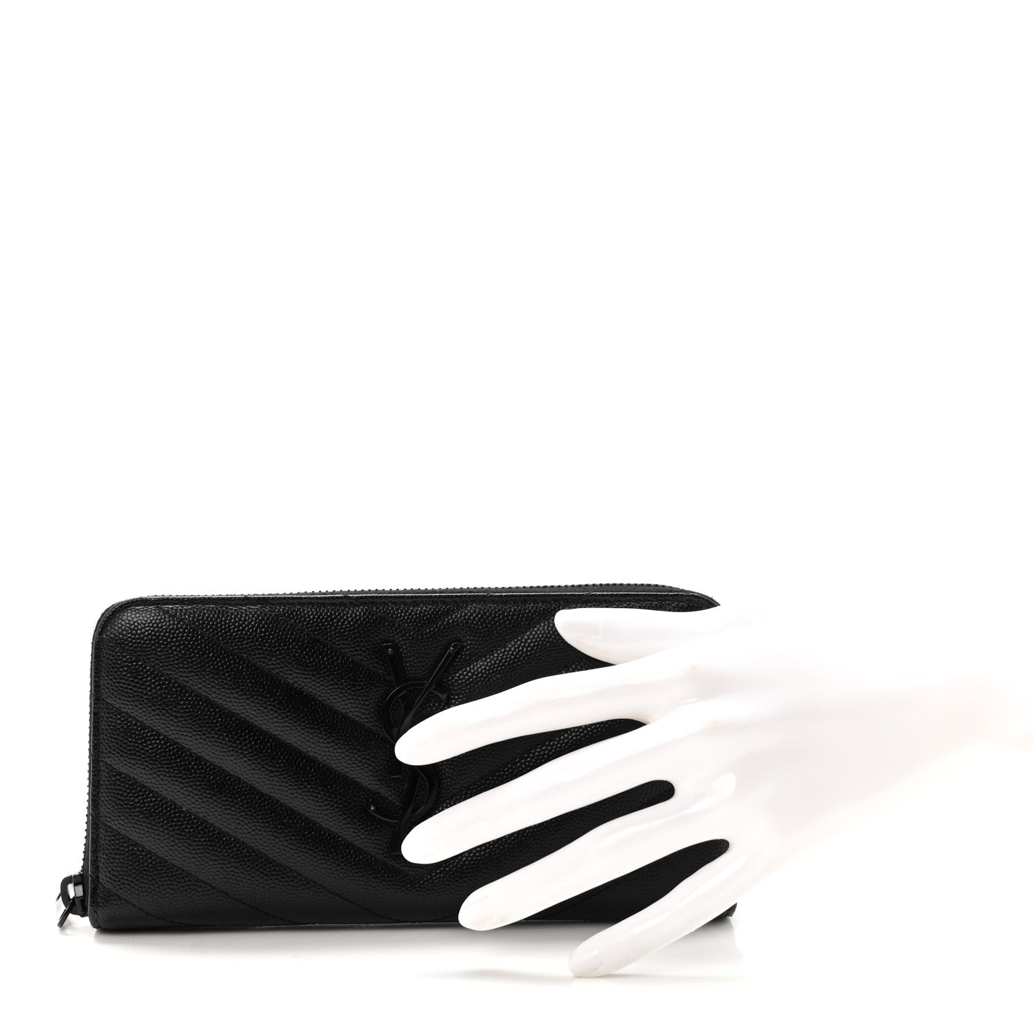 Saint Laurent Grain De Poudre Matelasse Chevron Monogram Monochrome Zip Around Wallet Black 2 of 6