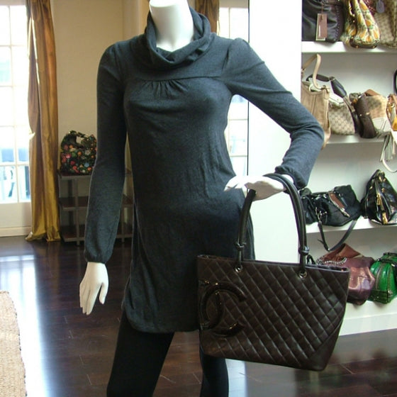 Calfskin Quilted Large Cambon Tote Brown