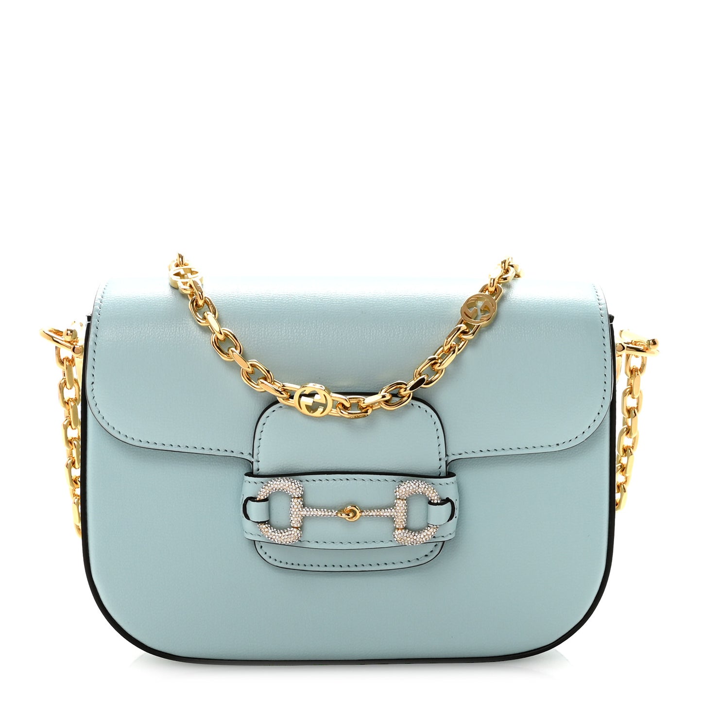 Azalea Calfskin Crystal GG Monogram Mini Horsebit 1955 Shoulder Bag Light Blue