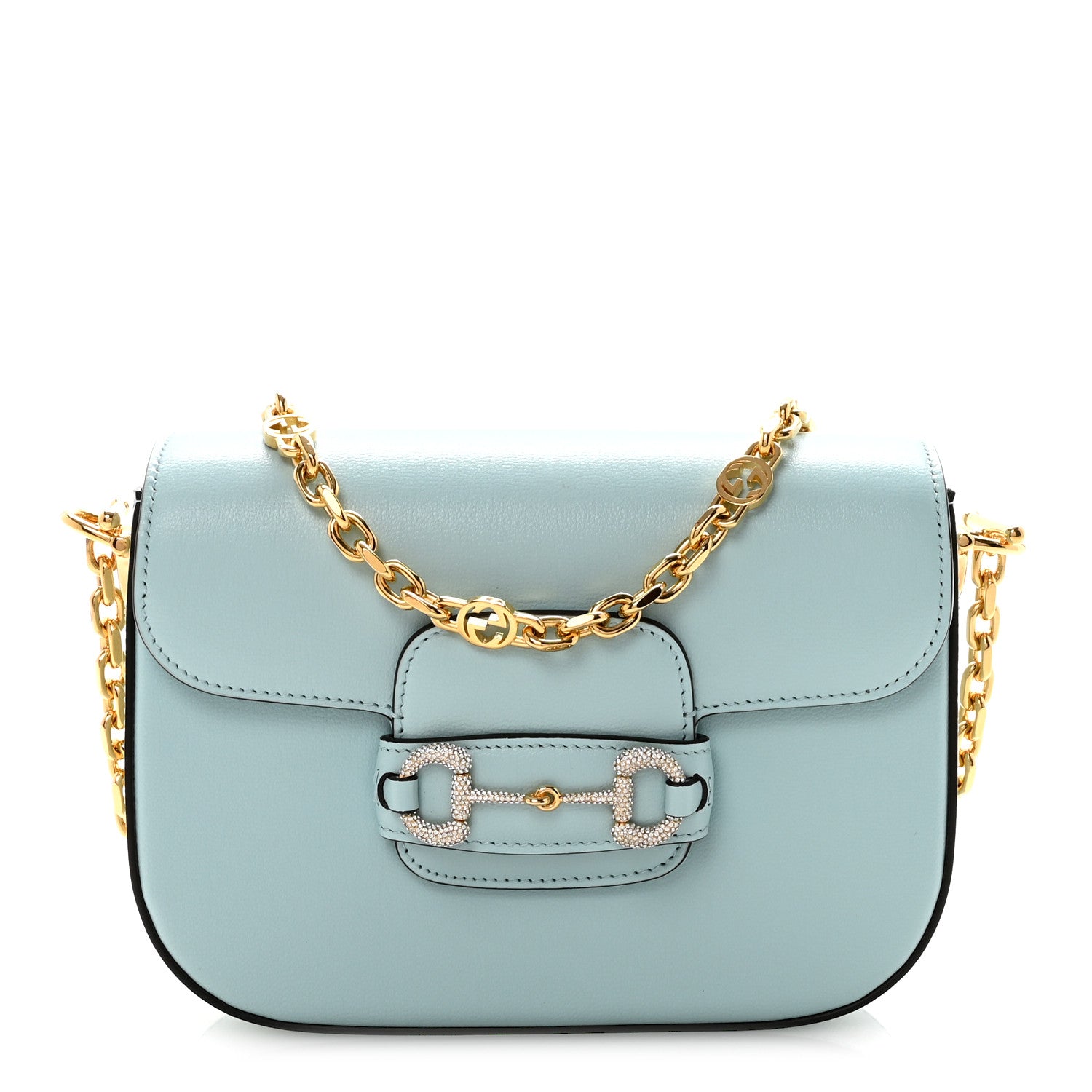 Gucci Azalea Calfskin Crystal GG Monogram Mini Horsebit 1955 Shoulder Bag Light Blue 1 of 10