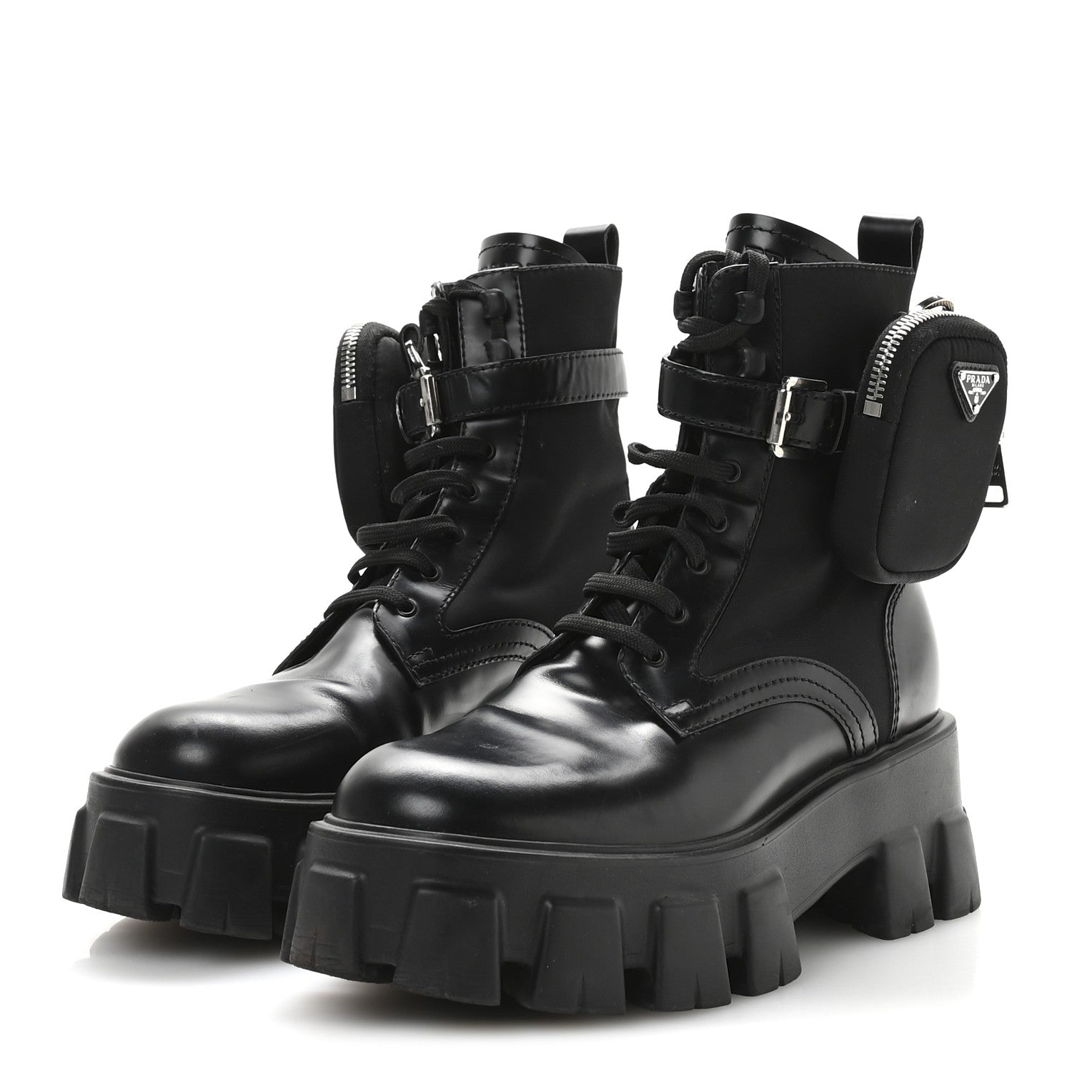Prada Spazzolato Rois Nylon Metal Triangle Logo Monolith Pouch Pocket 55mm Boots 38 Black 4 of 7