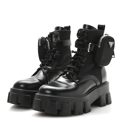 Prada Spazzolato Rois Nylon Metal Triangle Logo Monolith Pouch Pocket 55mm Boots 38 Black 4 of 7