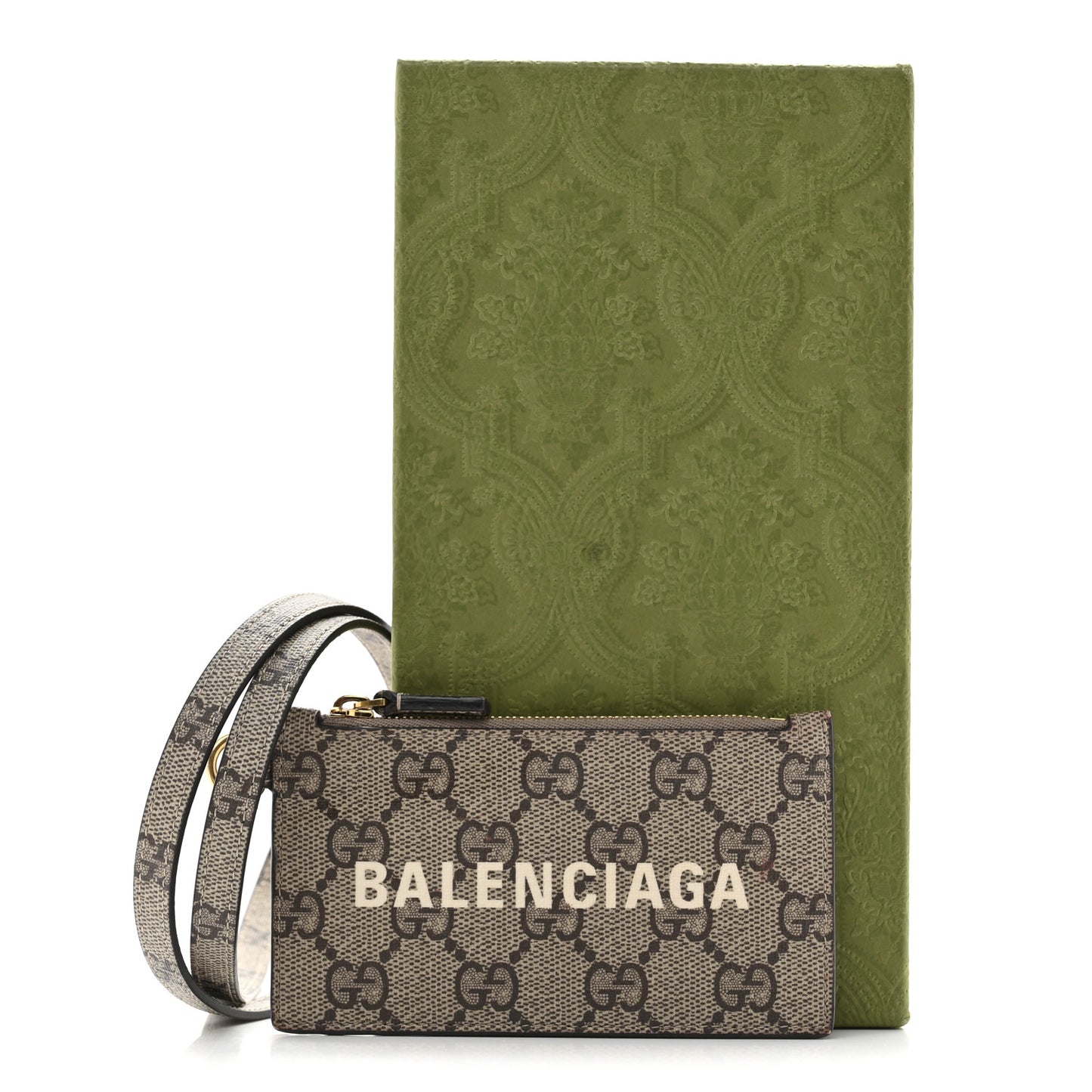 X BALENCIAGA GG Supreme Monogram Logo Card Case With Strap Beige Ebony