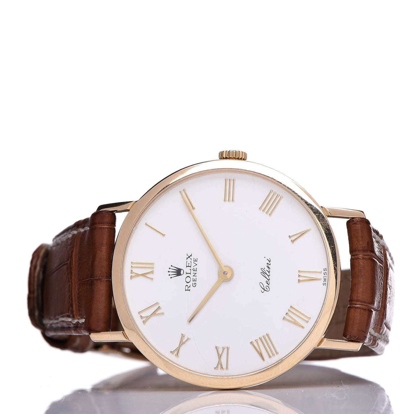 18K Yellow Gold Alligator 32mm Cellini Watch White 4112