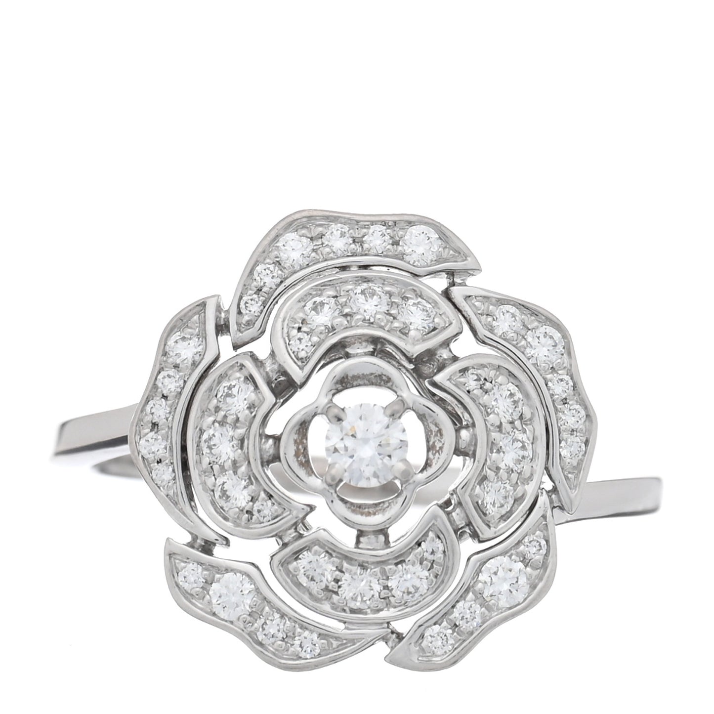 18K White Gold Diamond Small Bouton de Camelia Ring 52 6