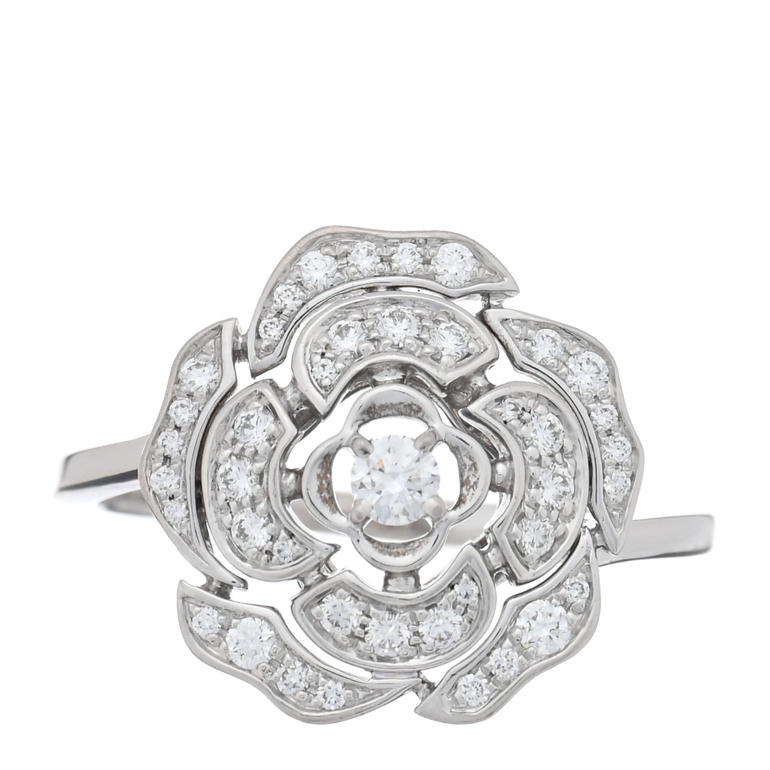 Chanel 18K White Gold Diamond Small Bouton de Camelia Ring 52 6 1 of 5