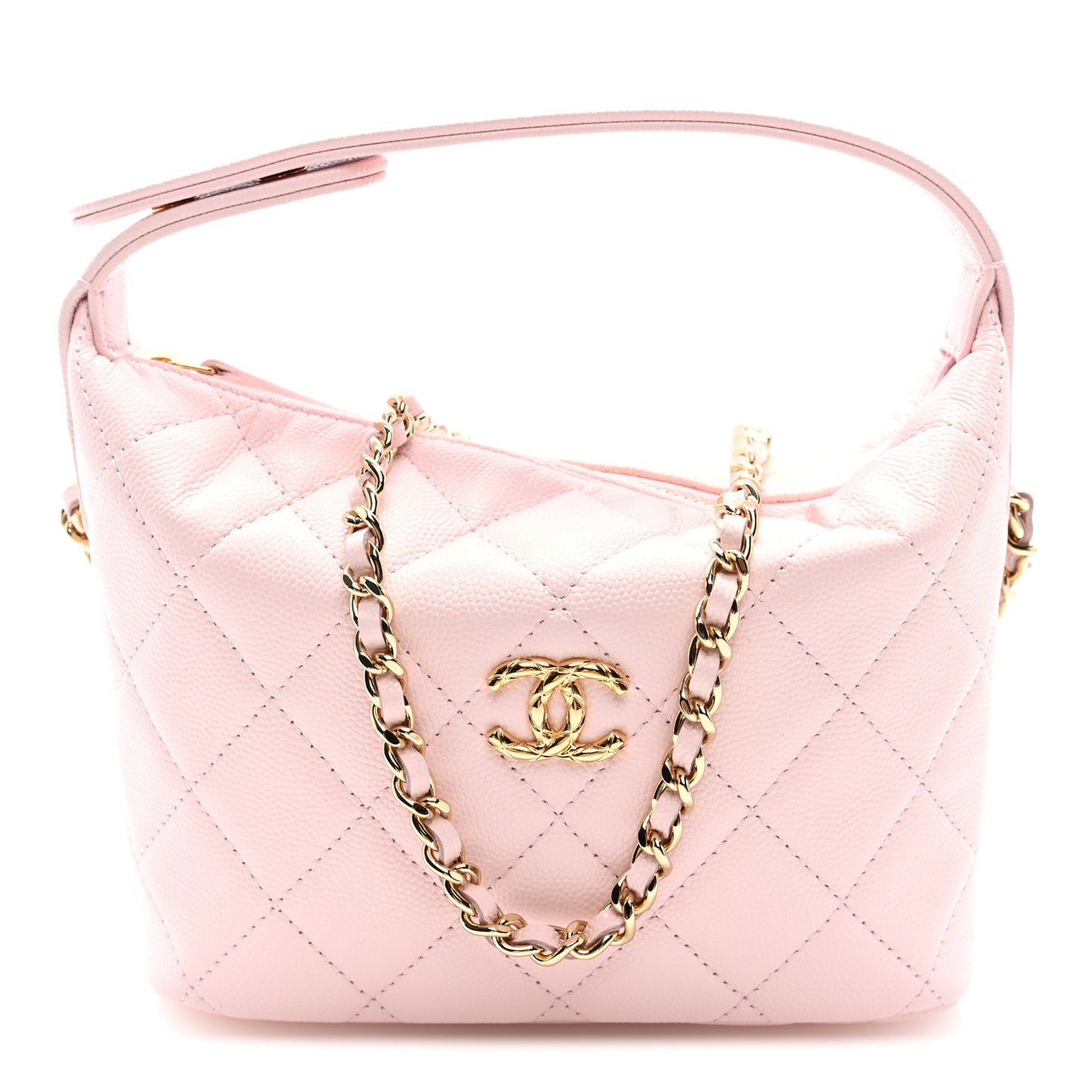 Shiny Caviar Hobo Clutch With Chain Light Pink