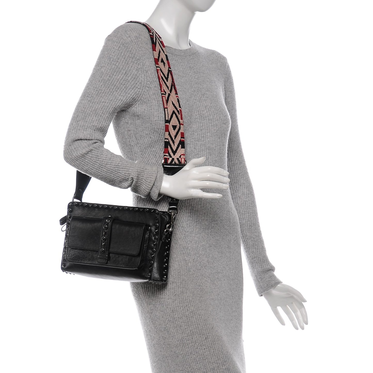 Craquele Calfskin Small Guitar Strap Rockstud Rolling Flap Pocket Shoulder Bag Black