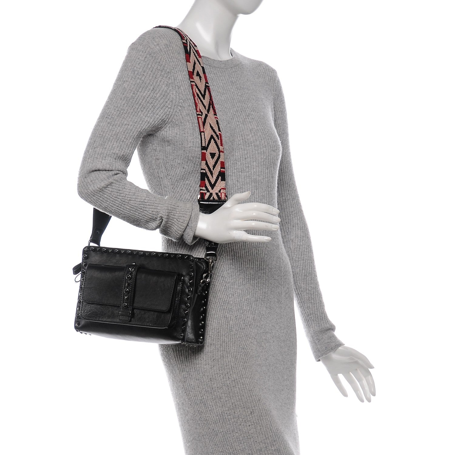 Valentino Garavani Craquele Calfskin Small Guitar Strap Rockstud Rolling Flap Pocket Shoulder Bag Black 2 of 6