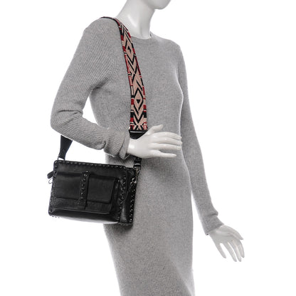 Valentino Garavani Craquele Calfskin Small Guitar Strap Rockstud Rolling Flap Pocket Shoulder Bag Black 2 of 6
