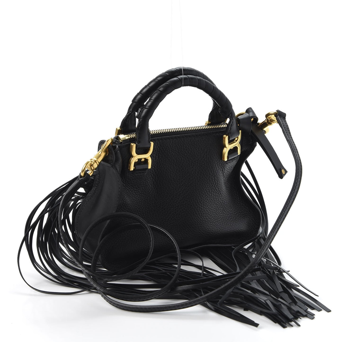 Shiny Small Grain Calfskin Mini Marcie Multi Fringe Satchel Black