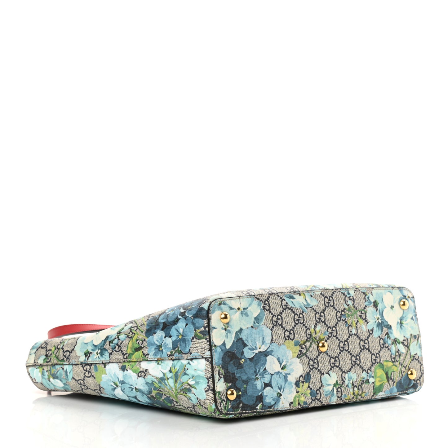 GG Supreme Monogram Blooms Medium Zippered Bucket Tote Beige Blue Navy Hibiscus Red
