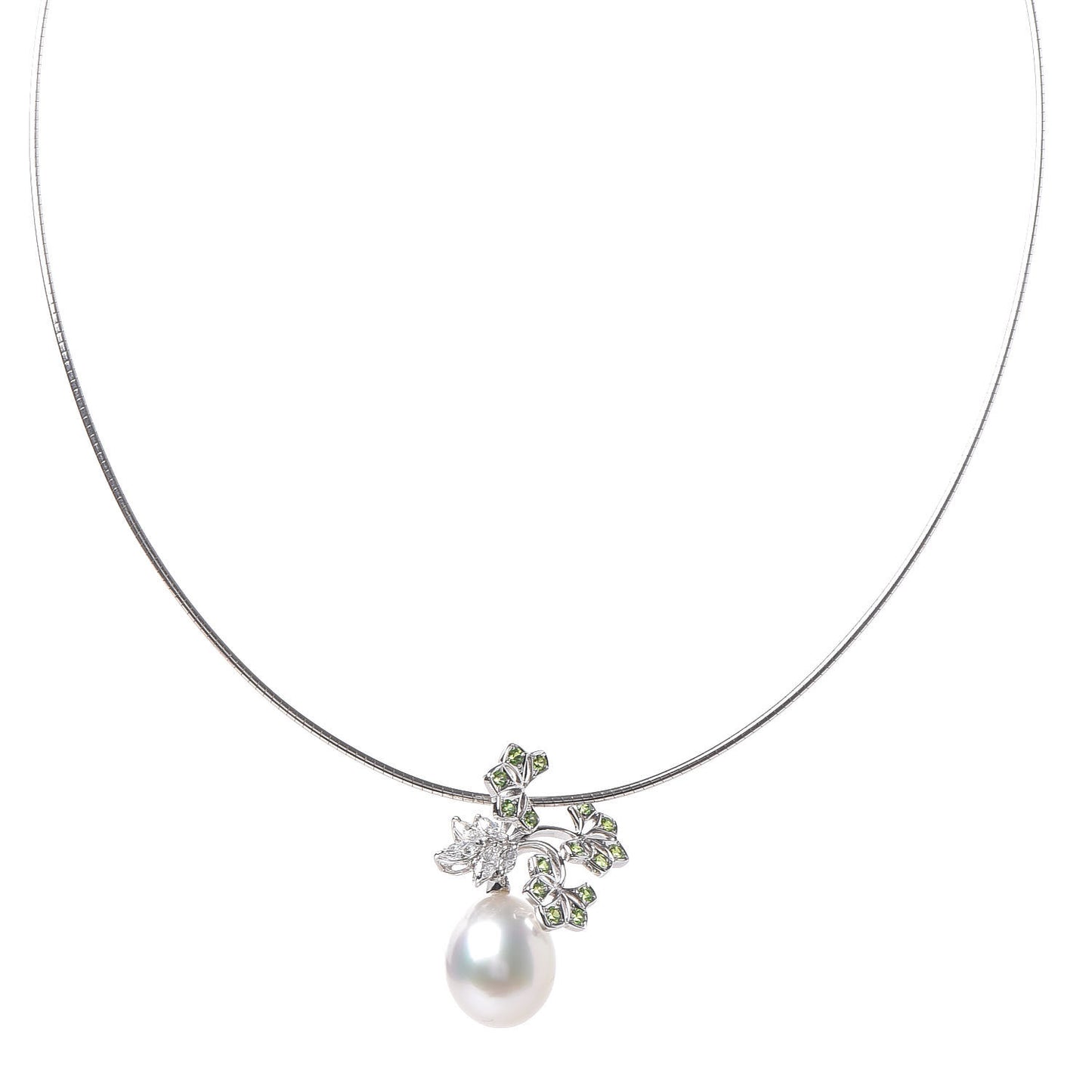 18K White Gold Diamond Demantoid Garnet Akoya Pearl Flower Drop Pendant Necklace