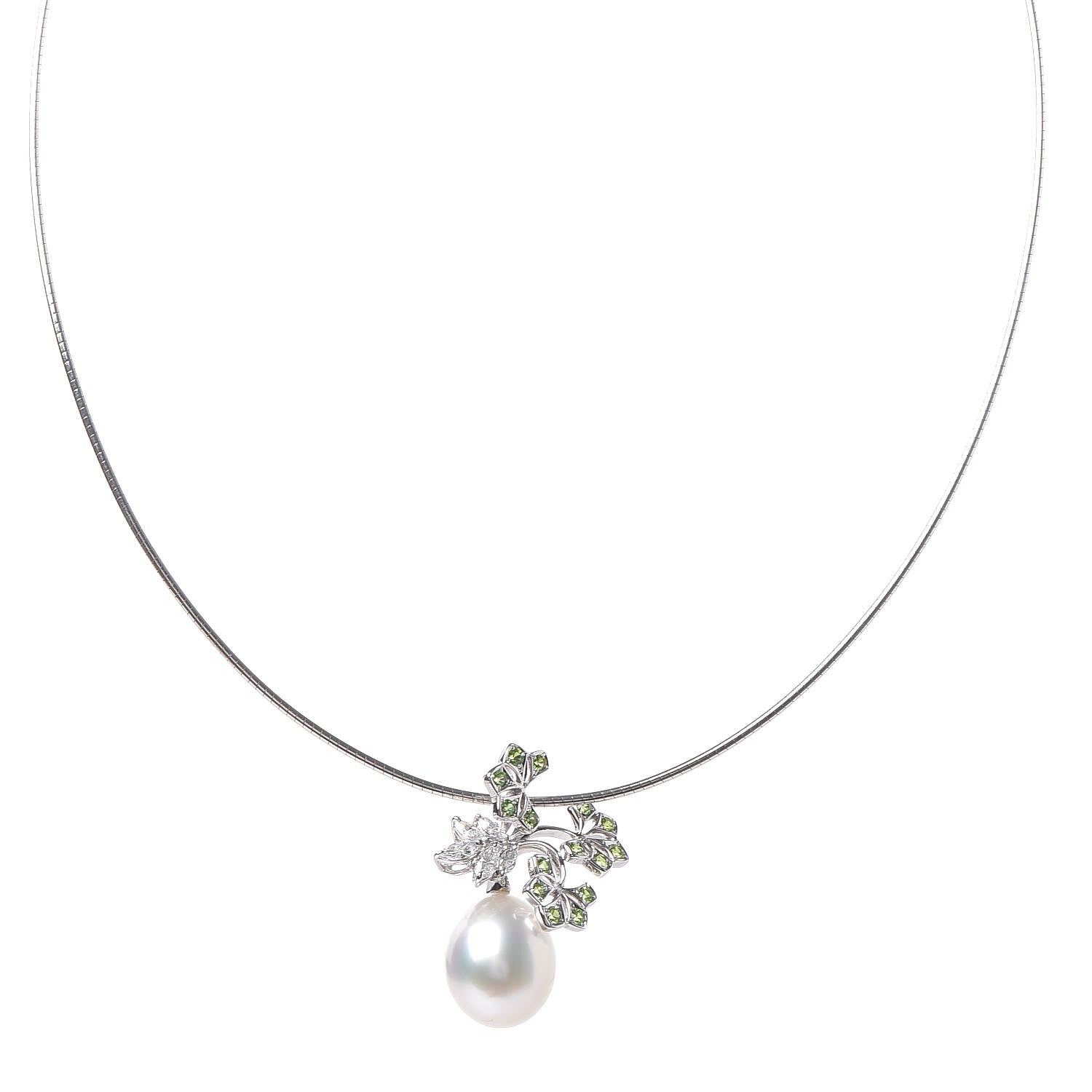 Mikimoto 18K White Gold Diamond Demantoid Garnet Akoya Pearl Flower Drop Pendant Necklace 1 of 6