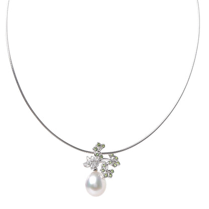 Mikimoto 18K White Gold Diamond Demantoid Garnet Akoya Pearl Flower Drop Pendant Necklace 1 of 6