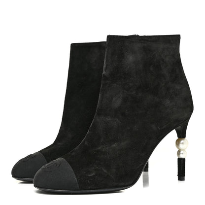 Chanel Suede Grosgrain Pearl Ankle Boots 35.5 Black 6 of 25