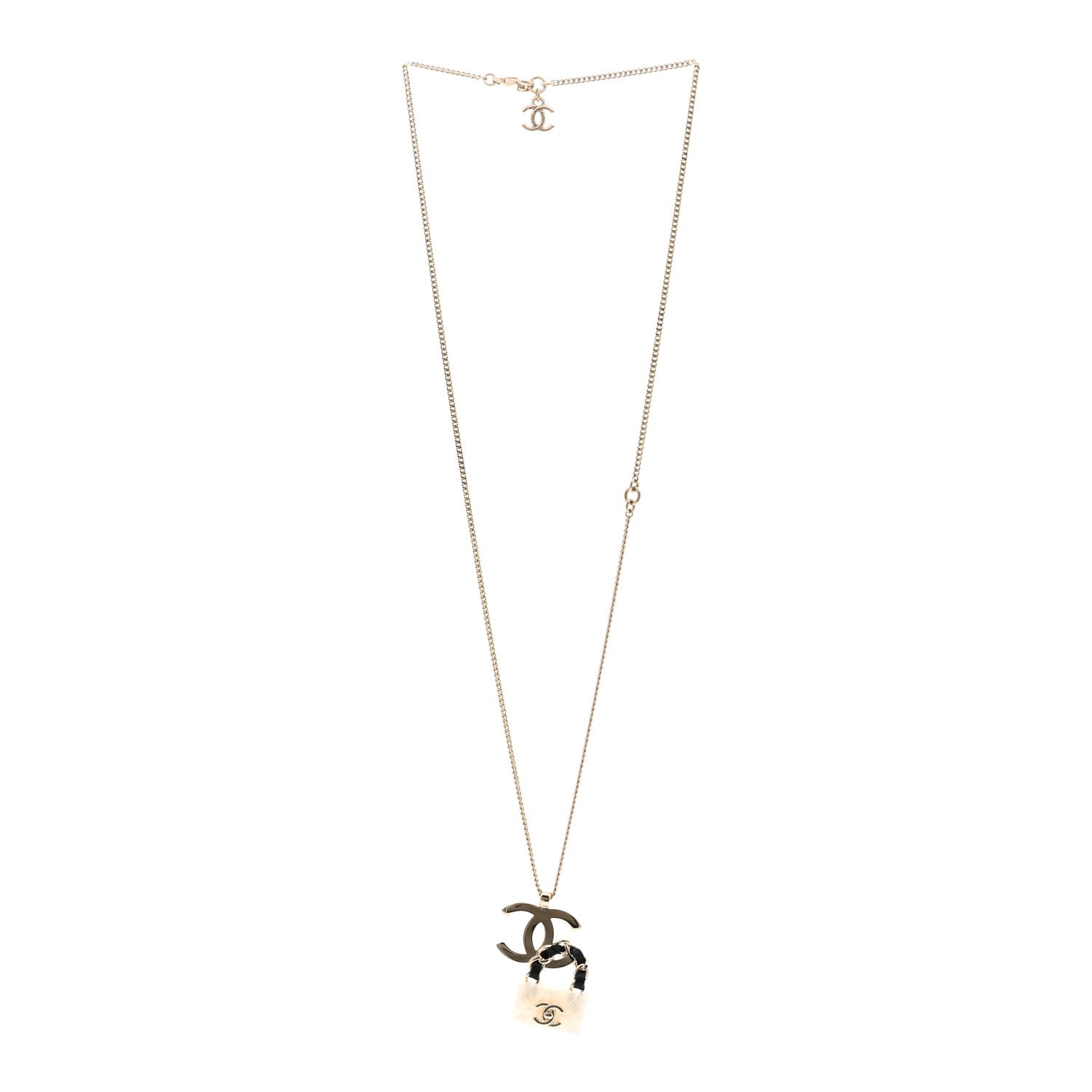 Chanel Metal Lambskin Resin CC Flap Bag Necklace Gold Black Pearly White 3 of 4
