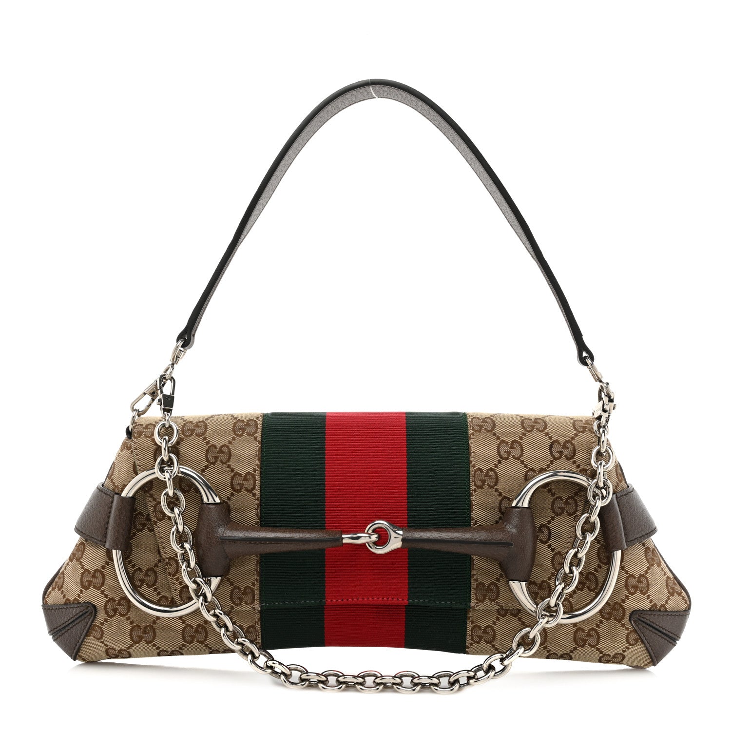 Gucci Monogram Textured Dollar Calfskin Heavy Grosgrain Web Medium Maxi Horsebit Chain Shoulder Bag Beige Ebony New Acero 1 of 9