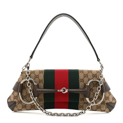 Gucci Monogram Textured Dollar Calfskin Heavy Grosgrain Web Medium Maxi Horsebit Chain Shoulder Bag Beige Ebony New Acero 1 of 9