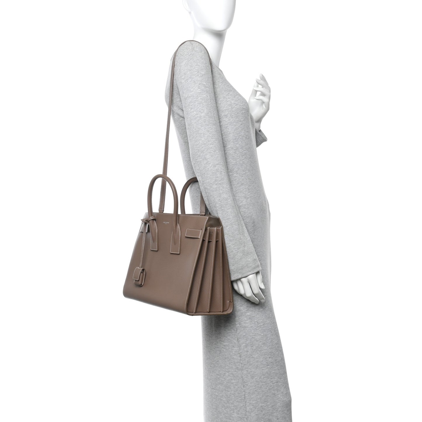 Grained Calfskin Topstitch Small Classic Sac De Jour Taupe