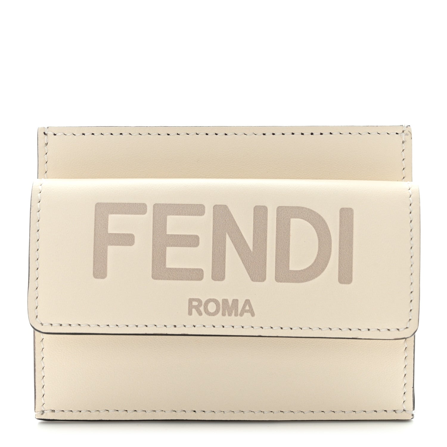 Fendi Vitello King Tamponato Logo Embossed Fold Over Card Holder Wallet Poudre 1 of 7