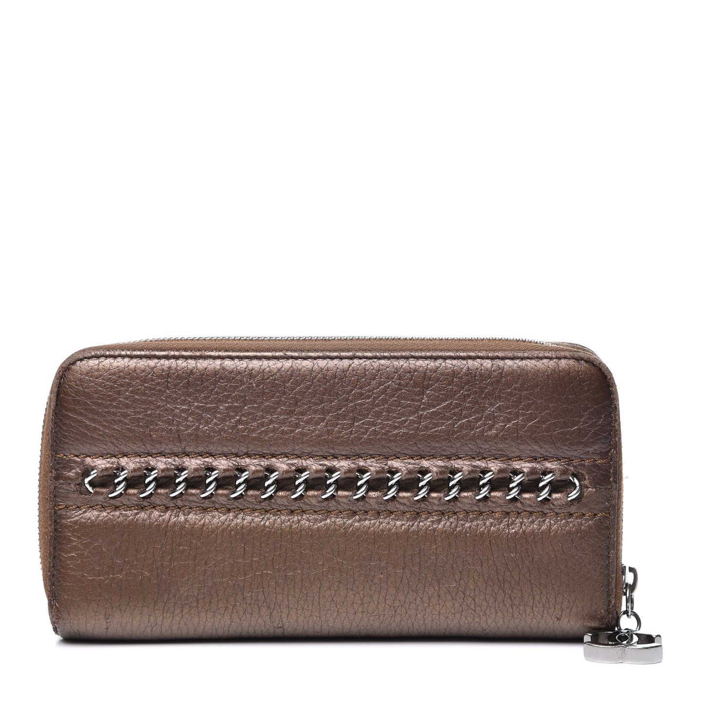 Metallic Calfskin Chain Zip Around Wallet Brown