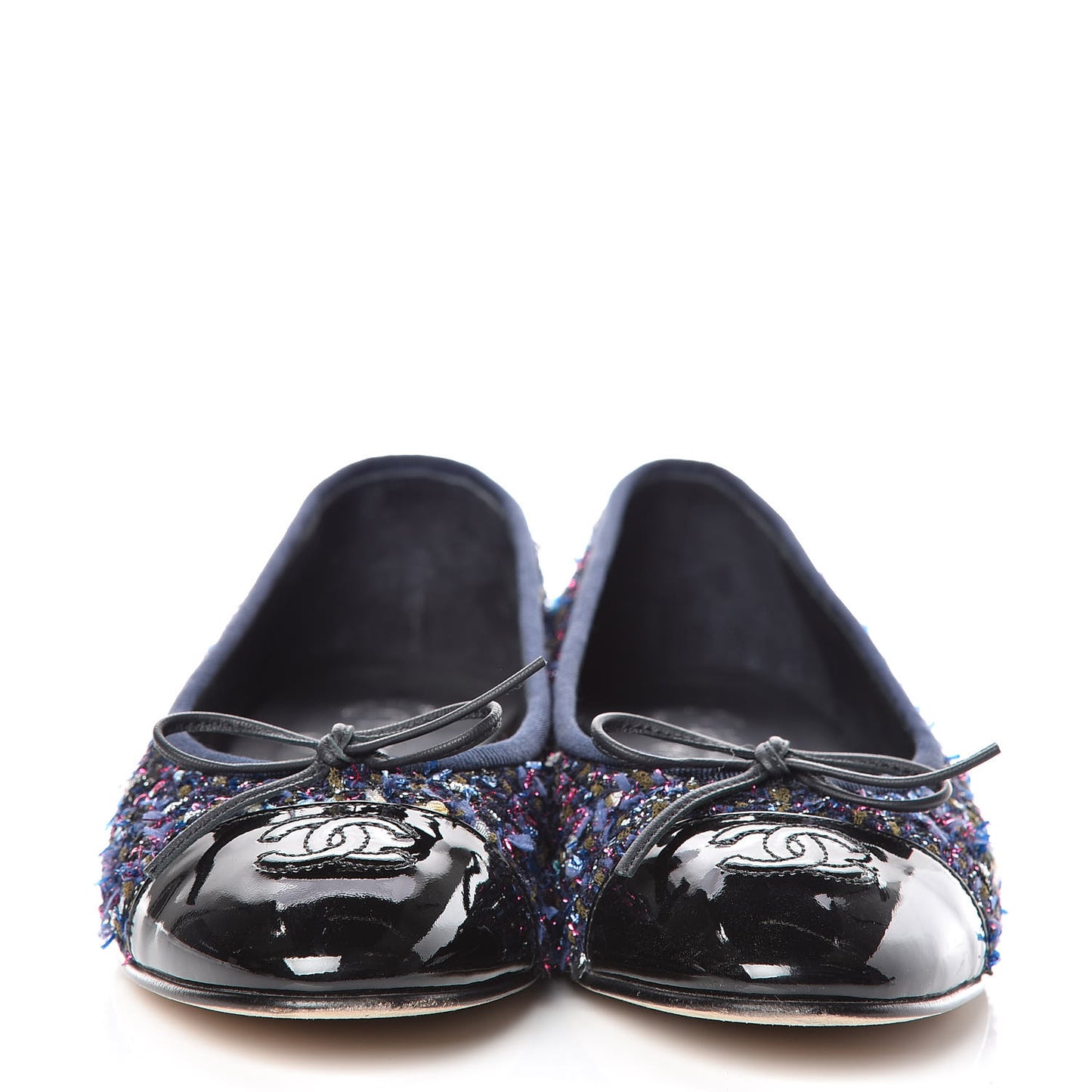 Tweed Patent Calfskin Cap Toe Ballerina Flats 37.5 Blue Pink Black