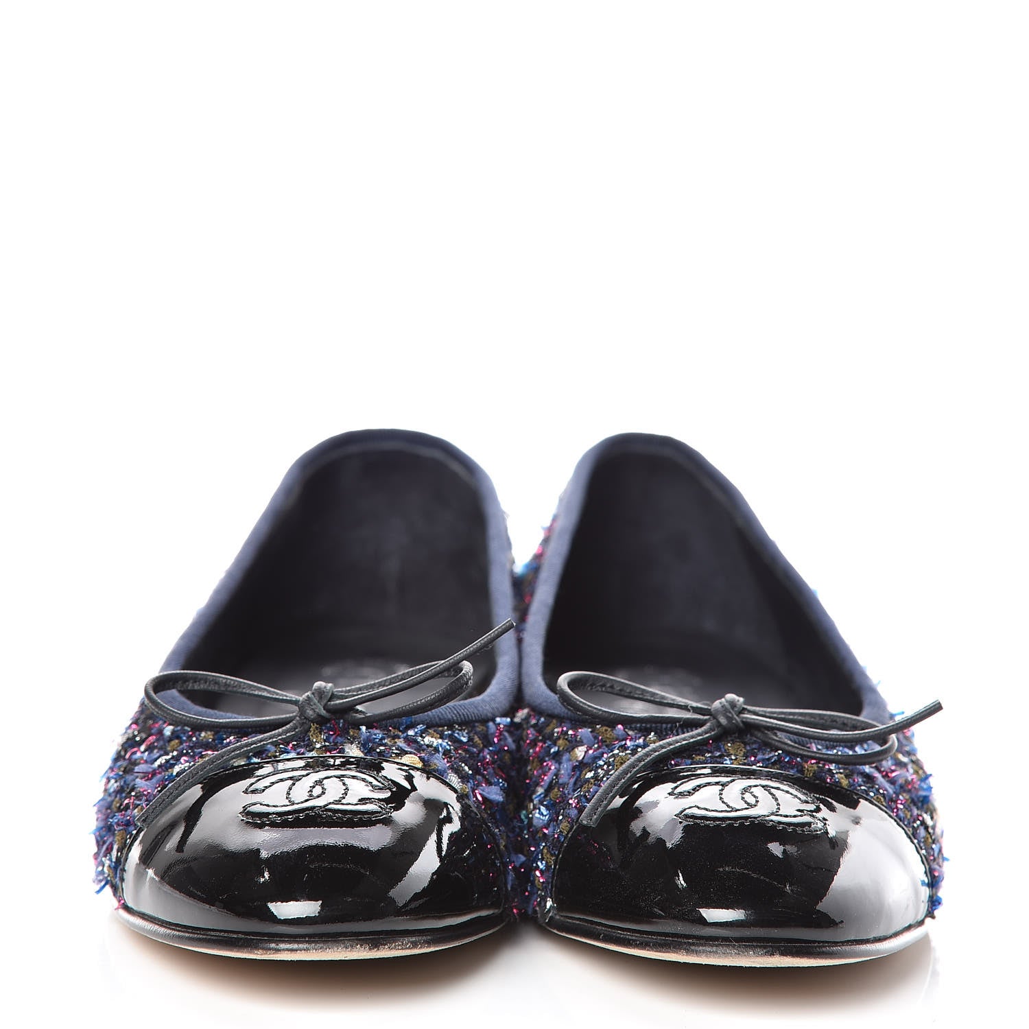 Chanel Tweed Patent Calfskin Cap Toe Ballerina Flats 37.5 Blue Pink Black 2 of 14