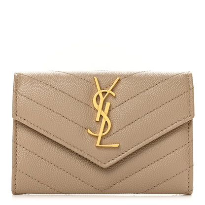 Saint Laurent Grain De Poudre Matelasse Chevron Small Monogram Envelope Wallet Dark Beige 1 of 9