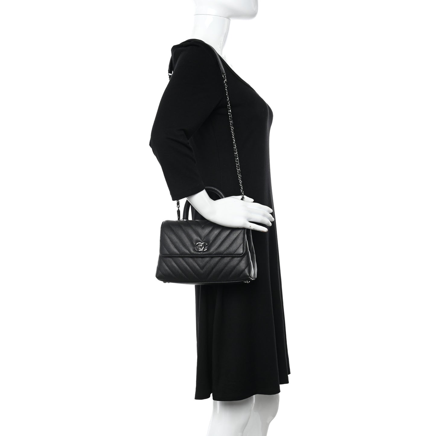 Caviar Chevron Quilted Mini Coco Handle Flap Black