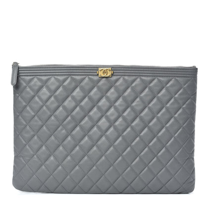 Chanel Lambskin Quilted Large Boy Cosmetic Case Grey 1 of 10