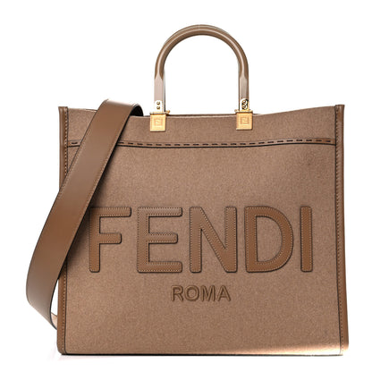 Fendi Flannel Vitello King Wool Plexiglass FF Logo Embroidered Medium Fendi Sunshine Shopper Tote Brown 1 of 13