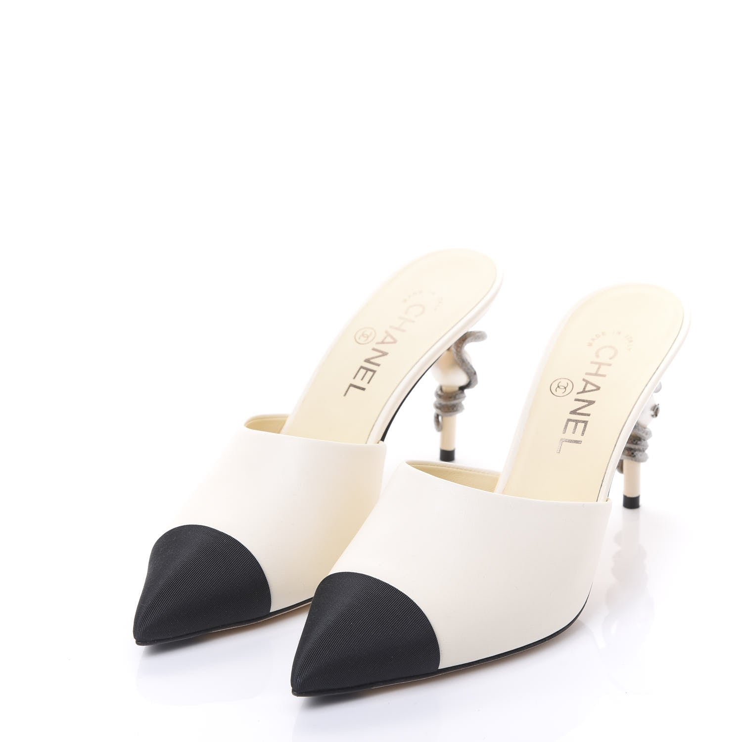 Chanel Goatskin Grosgrain Cap Toe Snake Pearl Mule 38.5 Beige Black 3 of 8