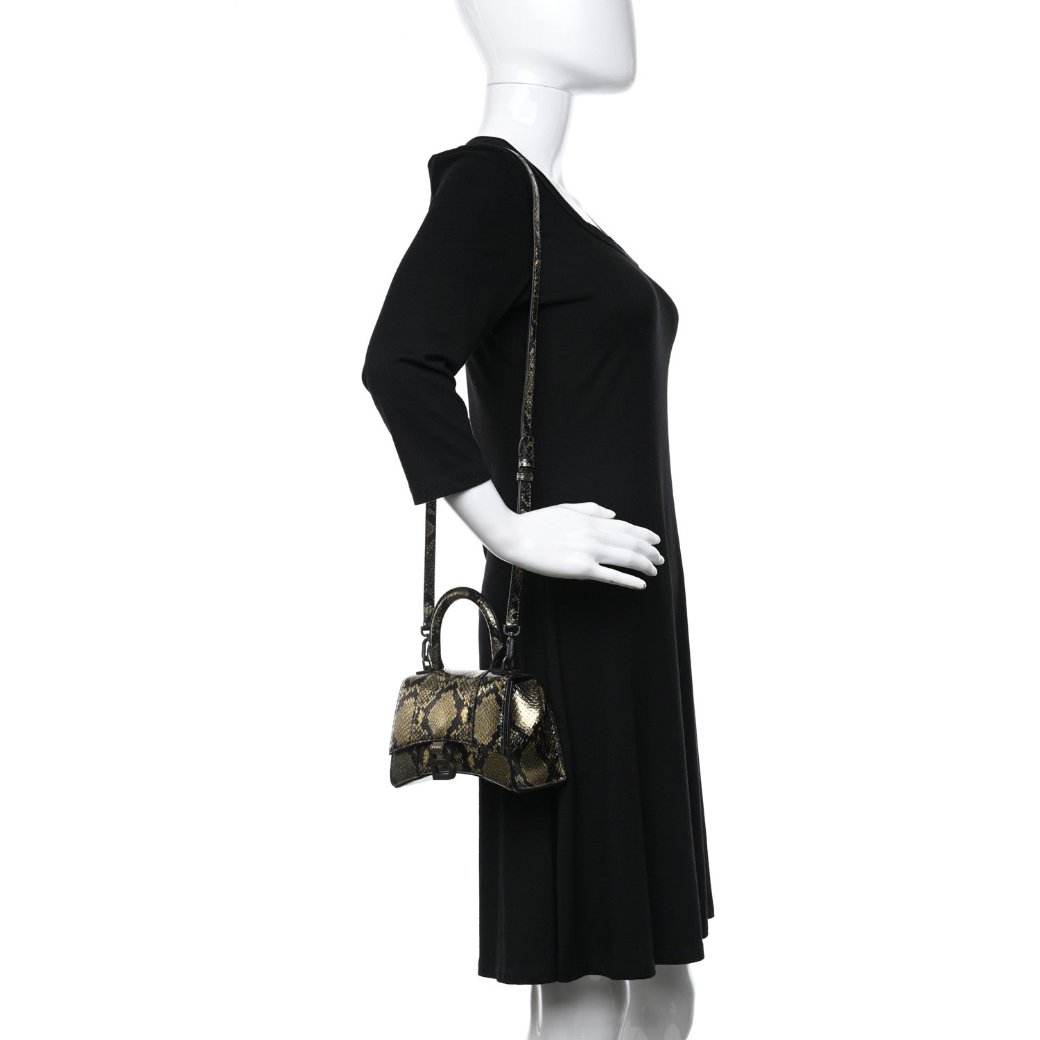 Balenciaga Shiny Calfskin Snakeskin Embossed Hourglass Top Handle Bag XS Gold Black 2 of 12
