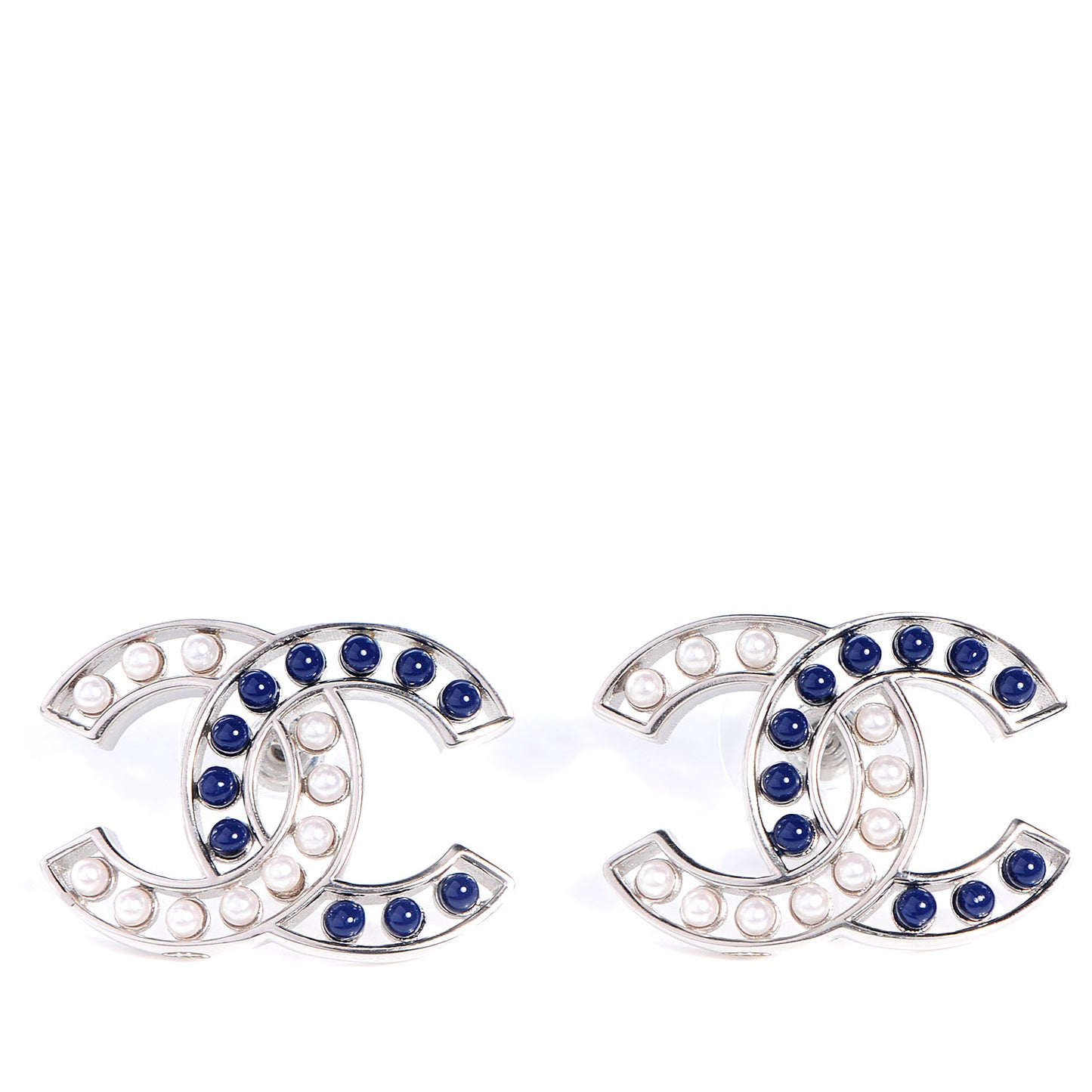Pearl Beaded CC Earrings Silver White Blue