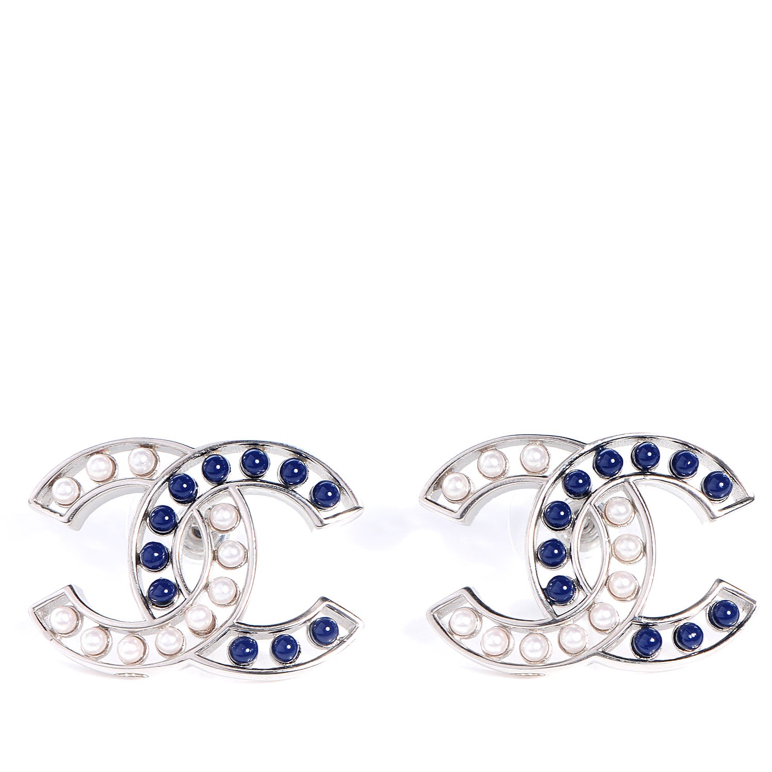 Chanel Pearl Beaded CC Earrings Silver White Blue 1 of 5