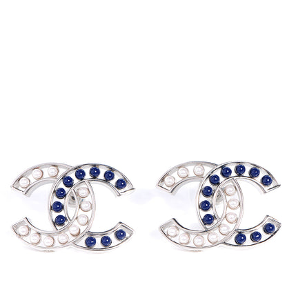 Chanel Pearl Beaded CC Earrings Silver White Blue 1 of 5
