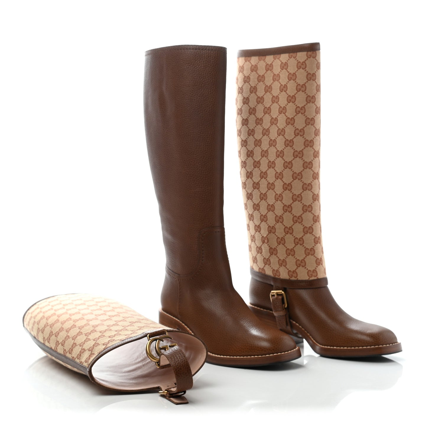GG Monogram Calfskin Lola Tall Boots 38 Beige Ruggine Cuir
