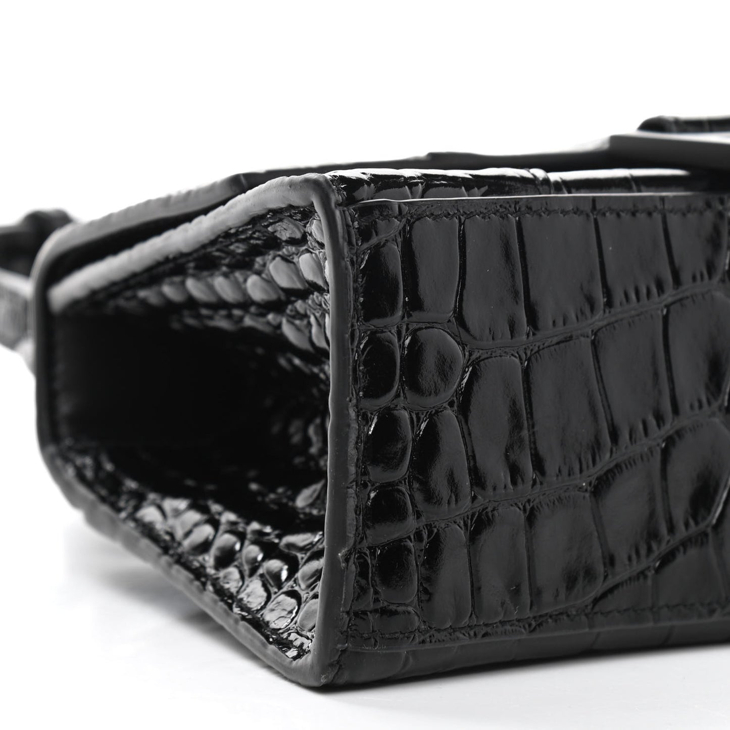 Shiny Calfskin Monochrome Crocodile Embossed Hourglass Top Handle Bag XS Black